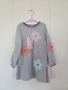 Baby Sara Girls' Grey Sweatshirt Dress with Multicolor Flower Appliques